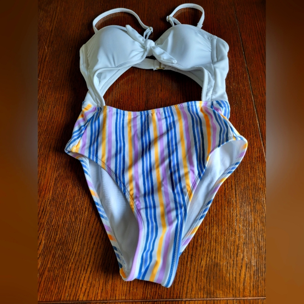 XHILARATION Bathing Suit, White with Striped bottom. Cut out, super cute